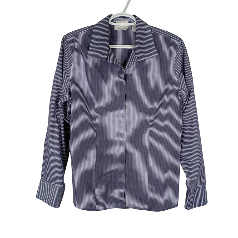Chicos No Iron Pinstripe Button Down Shirt Purple White Cotton Size 1 M Long Slv
